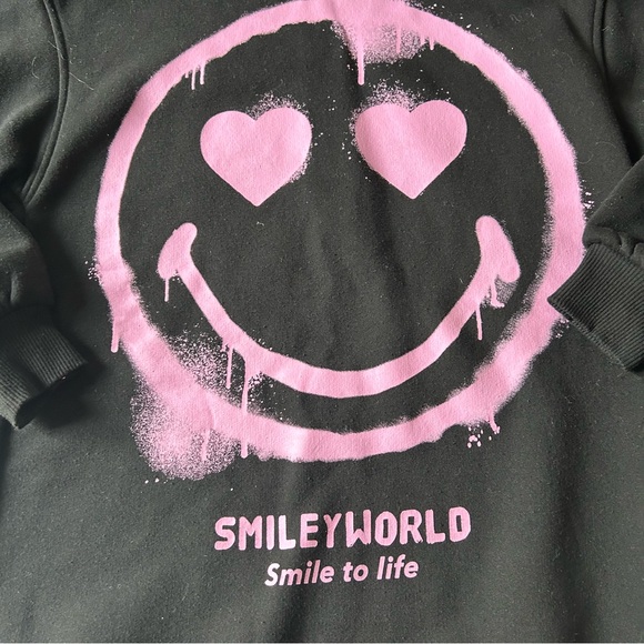 Zara Smiley World Black & Pink Hooded Sweatshirt Dress - Picture 2 of 5